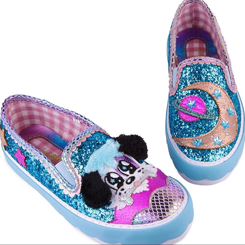 Irregular Choice Blue Teal Pink Glitter Planet Slip-On Shoes